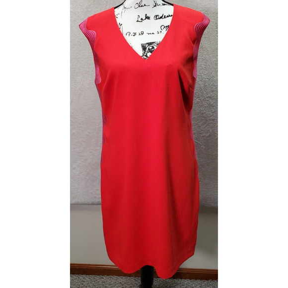 Trina Turk Sheath Dress Women Size 8 Red Polyester Sleeveless V Neck Back Zipper - Picture 1 of 8